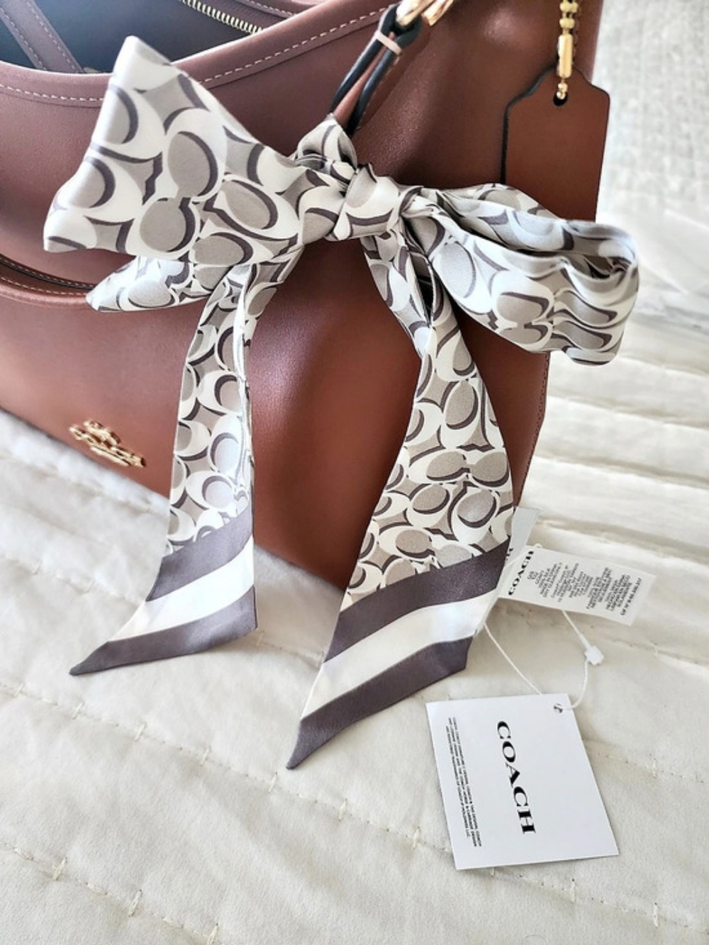 Coach Signature Silk Skinny Scarf White & Grey